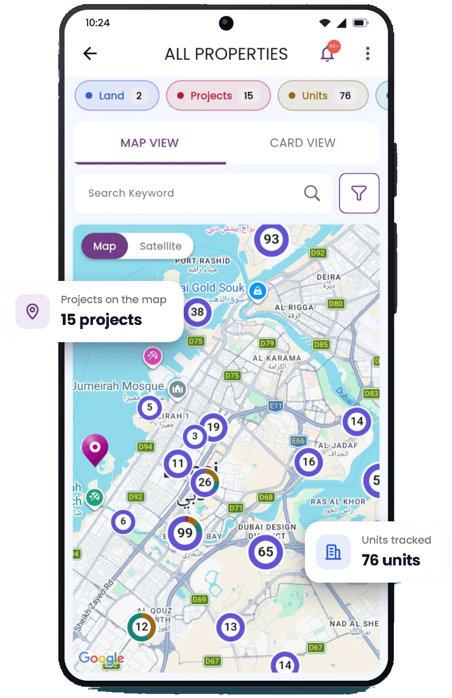 The app's portfolio map: land, projects and units as pins across Dubai