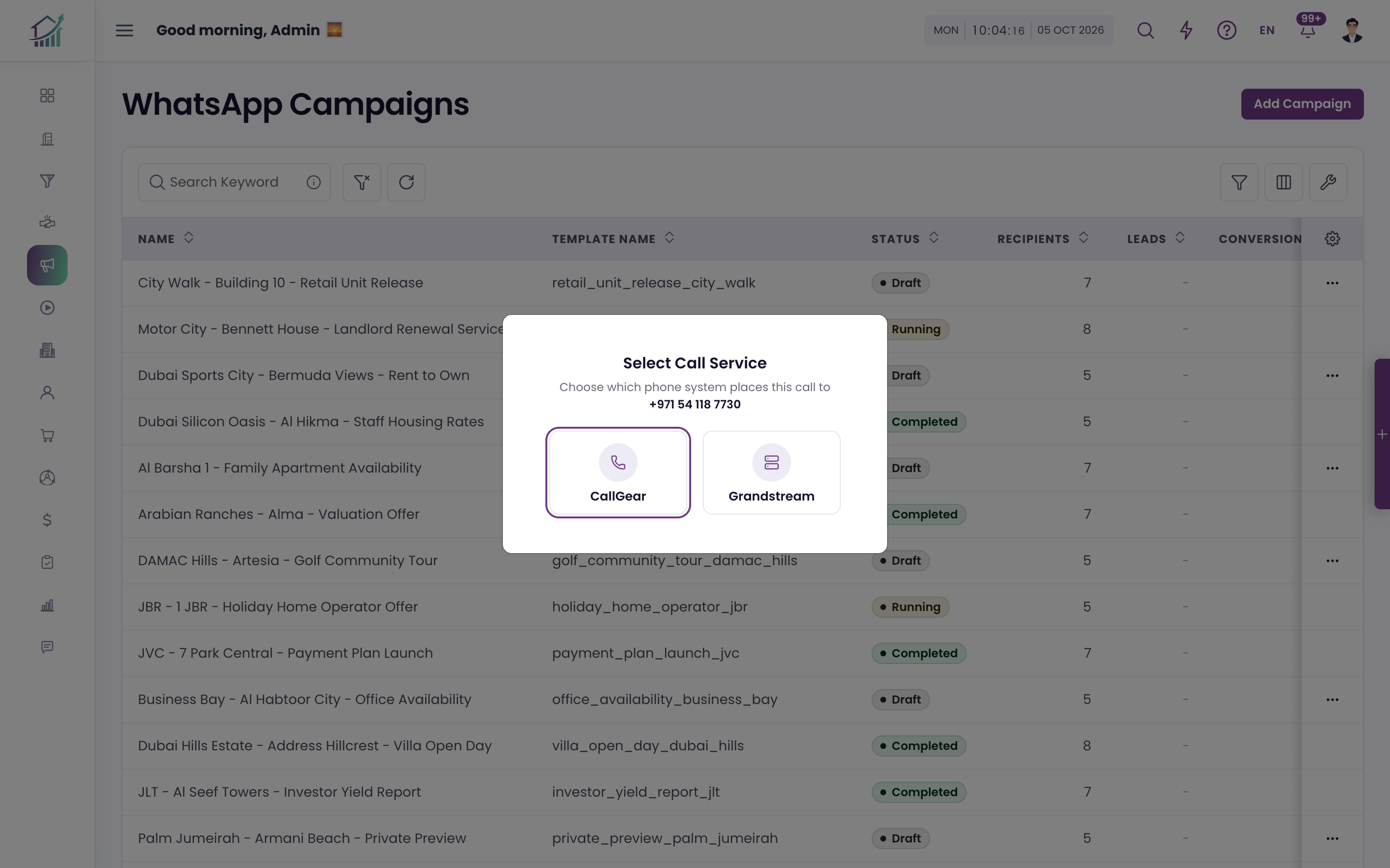 WhatsApp campaigns running from the same records the calls and emails log to.